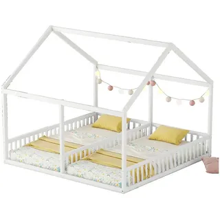 Flieks Kinderbett, Massivholz Einzelbett Doppelbett Hausbett 90x200cm 2 Liegefläche weiß