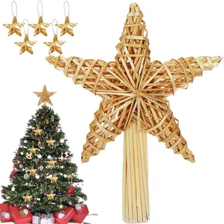 Weihnachtsbaumspitze Stern Spitze, Baumspitze Stern Gross mit 5pcs Mini Strohstern, 20 * 30,5cm Weihnachtsbaum Stern aus Natürlichem Stroh,Baumspitze Stern Weihnachten für Weihnachtsbaumschmuck
