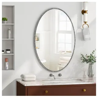 BBWL Badspiegel Ovaler Retro Wandspiegel aus Eisen, Antik-Look, Vintage, Badezimmerspiegel, Wohnzimmer, Schlafzimmer, 65x100cm, Glas, MDF silberfarben