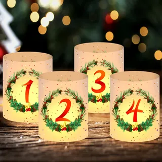 16Pcs Windlicht Tischdeko Advent Kerzen Deko, Mini Windlichter Adventszahlen 1 2 3 4, Windlicht Deko Advent, Kerzen adventskranz Deko Lichthülle für Indoor Outdoor Teelichter/Kerzen Dekoration