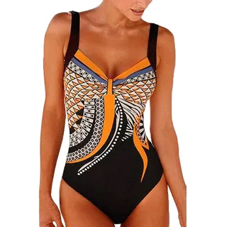 KEERADS Damen Badeanzug Bauchweg Puch Up Große Größen One Piece Figurformend Schwimmanzug Bademode Strandmode (M, Orange) - M