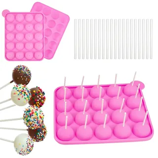 Rairsky Cake Pops Form 20 Runde Cake Pop Silikonform Cake Pop Form Rosa | 20 Stück Lollipop Sticks Cakepopsform Cake Pop Formen für Cakes, Süßigkeiten, Gelee und Schokolade, Antihaftbeschichtet