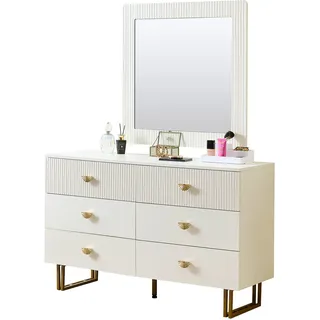 Modernes Sideboard- Und Spiegel-set In Weiß – Elegante Kombination Aus 6-schubladen-kommode Mit Goldenen Akzenten & Quadratischem Wandspiegel 80x80 Cm – Perfekt Für Flur, Schlafzimmer Und Wohnzimmer