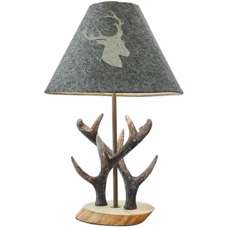 LOBERON Tischlampe Lodge, grau/braun | Geweih, Heimeliger Chalet-Stil & Hüttenzauber-Charakter, Deko-Geweih als Fuß, Filz-Schirm mit Hirschkopf