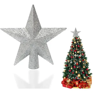 Weihnachtsbaum Stern Silber Glitzer - 20cm 3D Weihnachtsbaum Stern Silber mit Festem Halt, Baumspitze Sterns, Weihnachtsbaum Sterns Topper,Tannenbaumspitze für die Perfekte Weihnachtsbaum Dekoration
