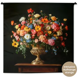 MuchoWow Wandteppich Gold - Blumen - Farben - Vase, Quadratisch, Höhe: 3 mm, Wandtuch, Wanddekoobjekt, 120x120 cm Quadratisch | 120 cm x 120 cm x 3 mm