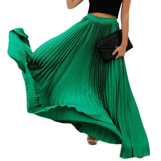 Faltenrock Damen Maxi Lang Swing Gefalteter A-Linie Plisseerock Elegant Unterrock Rock Vintage Sommer Röcke, Grün - M