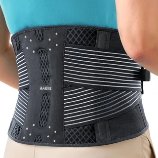 Rakiie Rückenstützgürtel für Herren und Damen, 6X Lendenwirbelstütze mit 3D-Polsterung, Atmungsaktiv Leicht Rückenbandage für Rückenschmerzen, Grau Größe M(82-101CM)