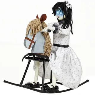HOMCOM Animiertes Halloween-Mädchen auf Schaukelpferd 72 cm | mit Leuchtenden Augen, Gruseligen Reimen, Sound-/Touch-Aktivierung, für Innenräume und Geschützten Außenbereich