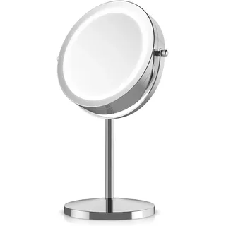 8-zoll-schminkspiegel Mit Led-beleuchtung – Doppelseitiger Standspiegel Mit Normaler/5-facher Vergrößerung – Runder Beleuchteter Spiegel Für Make-up Und Rasur – 360° Drehbar