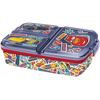 P:os 33708088 - Cars Brotdose für Kinder mit 3 Fächern, Lunchbox aus Kunststoff mit Clip-Verschlüssen, Vesperdose für Kindergarten, Schule und Freizeit