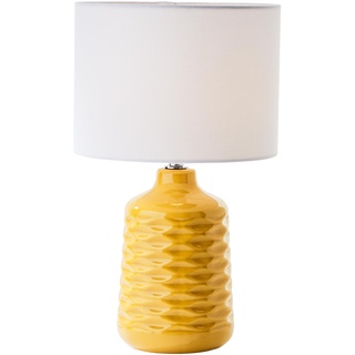 Lightbox gelbe Keramik Tischlampe mit weißem Stoff-Schirm - dekorative Tischleuchte mit Schnurzwischenschalter - 42 cm Höhe & 25 cm Durchmesser - E14 Fassung max. 40 W - aus Keramik/Metall/Textil