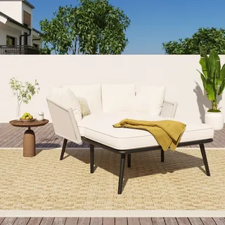Flieks Gartensofa 2 Personen, Gartenmöbel-Sets Klein, Gartenloungeset Terassenmöbel 2 Sitzer, Balkonmöbel Set Gartenlige Sonnenliege mit Kissen,... - Beige