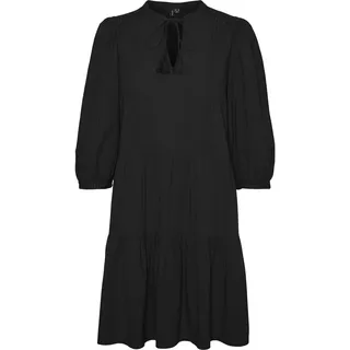 VERO MODA Damen Kurzes Crepe Kleid mit Kordel Midi Dress 3/4 Ärmel Sommerkleid Tunika, Farben:Schwarz, Größe:S