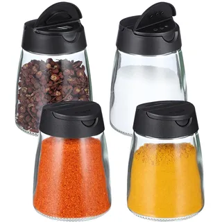 Gewürzgläser aus Glas, 4 Stück Gewürzglas mit Schraubverschluss Salz und Pfefferstreuer aus Lebensmittelechtem Glas Grob Perforiert für Grillküche und Kleine Küchen Schwarz