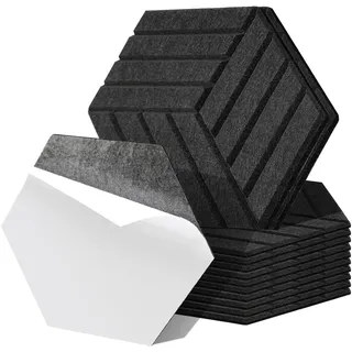 Fiqops 12er Hexagon Akustikpaneele Selbstklebend Akustikplatten Schwarz Hohe Dichte Schallabsorber Platzsparend für Wanddekoration und Schallschutz,Studio und Home Deko (30x26x0.9cm)