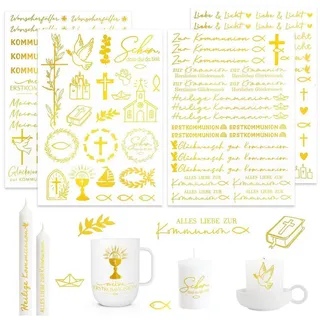 None Kerzentattoos Kommunion Goldfolie 4 Blatt Wasserschiebefolie für Kerzen Tassen