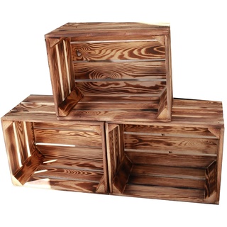 Teramico Vintage Holzkisten 40 x 30 x 25cm geflammt | Weinkisten & Obstkisten | Set-Angebote (3er Set ohne Boden)
