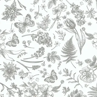 LiKiLiKi Graue und Beige Klebefolie Vintage Blumentapete 44x1000cm Selbstklebende Tapete Blumen und Schmetterlinge Mustertapete Vinyl Abwaschbare Möbelfolie für Badezimmer Wohnzimmer Schlafzimmer