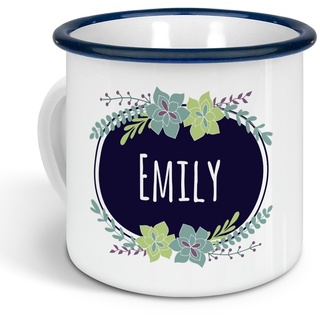 printplanet - Emaille-Tasse mit Namen Emily - Metallbecher mit Design Flowers - Nostalgie-Becher, Camping-Tasse, Blechtasse, Farbe Blau, 300ml