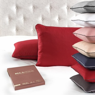 RECA HOME 2 er Set Kissenbezüge, aus 100% Baumwolle Renforce, in Bordeaux Rot, 2 x Kissenhüllen in 80x80 cm, mit Stilvoll Eingenähte Paspelband