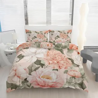 Generisch Rosa Blumen Bettwäsche 135x200, Pfingstrosen Bettwäsche-Sets, Vintage Blumenmuster Wendebettwäsche mit Reißverschluss, Mikrofaser Bettbezug 2 Teilig mit 1 Kissenbezüge 80x80 f8K22