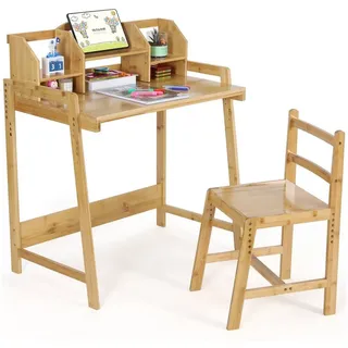 TLGREEN Kinderschreibtisch Höhenverstellbar, Bambus Holz Schreibtisch mit Stuhl, mit Buchhalterung Stauraum beige