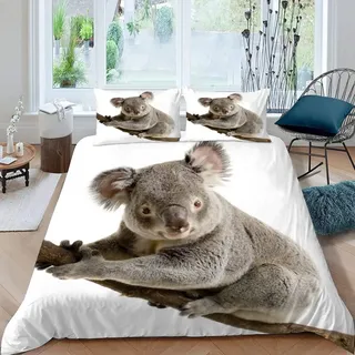 JIARAO Bettwäsche 155×220 3D Druck Lustiger Koala Bettwäsche Set Weiche kuschelig Mikrofaser mit Reißverschluss Jugendliche Sommer Bettbezüge und 2 Kissenbezug 80x80 cm Weiß Grau