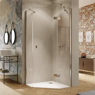 HÜPPE Solva teilgerahmt 5-Eck Schwingtür 1-flüglig rechts mit 2x Festteil 100/100 x 200 cm, Glas mit Anti-Plaque, Duschkabinen,
