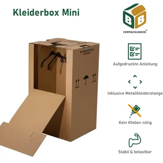 2 x Kleiderbox mini 40 kg Traglast stabiler Kleiderkarton mit Kleiderstange 2-wellig Umzugskarton Textilkarton BB-Verpackungen