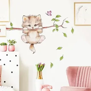 Wandtattoo Kinder Süsse Katze (70x50 Cm) I Waldtiere Aufkleber Baum Zweig Blumen I Wandsticker Kinderzimmer Baby Junge Mädchen