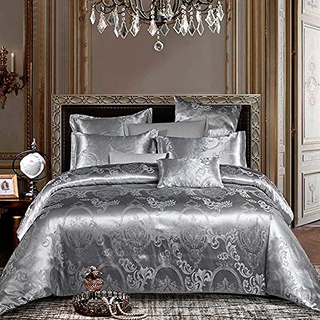 Damier Bettwäsche 155x220 Grau Satin Bettbezug Silbergrau Jacquard Muster Blumen Muster Bettdeckenbezug Luxus Bettwäsche Set - 155 x 220 cm + 80 x 80 cm