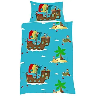 JACK Babybettwäsche 100x135cm Piratenschiff Pirat Schatz Fleuresse, Biber, 2 teilig, Babybettwäsche für kleine Piraten und Abenteurer blau