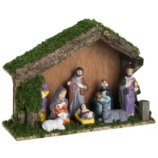 Dekoleidenschaft Krippe aus Holz, Weihnachtskrippe, Holzkrippe mit Moos + 8 Krippenfiguren, aus Porzellan, Weihnachtsfiguren, Weihnachtsdeko bunt