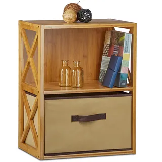 Relaxdays Regal Bambus mit Korb, 2 Ablagen, Holz Standregal, Badregal, Faltbox, HxBxT: 54 x 42 x 29 cm, Natur braun