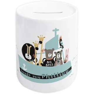 GRAZDesign Spardose Taufe Junge personalisiert mit Namen, Geschenk für Patenkind, Kinder, Schiff mit Tieren, Taufgeschenk
