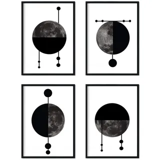 Nacnic Poster Set. mit 4 Geometrische Monden im Schwarz und Grautönen. A4.