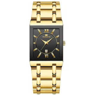 Herren Uhr Business Rechteckig Schwarz Gold Edelstahl Kalender Wasserdicht Quarz