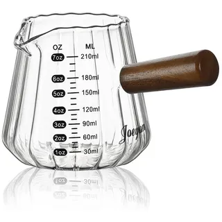 luxuskollektion Joeyan 210ml Glas-Messbecher mit Holzgriff, 7 oz Geriffelte Espressotassen mit Skala, Milchkännchen mit V-förmiger Öffnung, Cocktail Measuring Cup