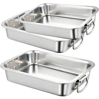 PORFOYO Auflaufform, 3-teiliges Braten- und Backform-Set, Edelstahl Bräter mit Haltegriffen, Rechteckiges Backblech, Backblech Edelstahl, Kuchenform Ofenform zum Kochen und Backen