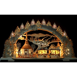 Tietze Erzgebirgsdesign Großer 3D 72cm Schwibbogen Kirmes - Weihnachtsmarkt mit Seiffener Kirche inkl. BONUS-Aufsetzhäuschen inkl. - (Ausführung exclusiv schattiert)