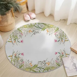 Generisch Kurzflor Runder Teppich Durchmesser 90 cm, Elegant Wildblumen Thema Weiß Grün Rund Teppich Fuer Sofa Wohnzimmer Schlafzimmer Heimdekoration, rutschfest Waschbar