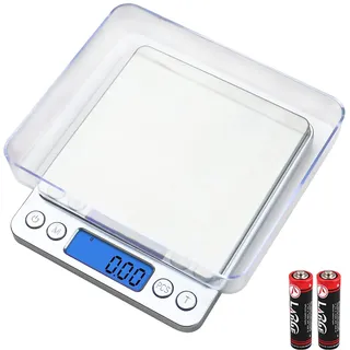 UNIWEIGH Digitale Küchenwaage,500 g/0,01 g,Grammwaage,Kochwaage sowie LCD | Waage mit Gramm und Unzenanzeige,Schmuck und Kaffee-Waage mit 2 Waagschalen,automatische Abschaltung,Tara Funktion,Edelstahl