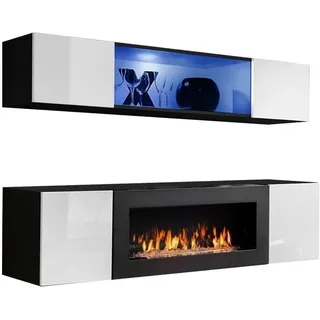 JVmoebel Wohnzimmer-Set Hochglanz Hänge-Sideboard mit Kamin-Optik in Weiß, (3-St., 1x Wohnwand + 1x Sideboard + 1x Wandschrank), Made in Europa schwarz