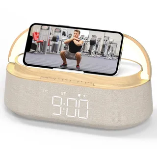 COLSUR Radiowecker Digital mit Wireless Charger, Bluetooth Lautsprecher mit USB-Kabelloser Ladegerät, Smart Wecker Schlummerfunktion Induktive Ladestation mit Licht, Nachtlampe,Dimmbares LED Display
