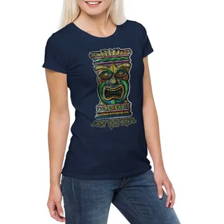 Urban Backwoods Print-Shirt Tiki Head II Damen T-Shirt Hawaii Tattoo Rockabilly Custom Psychobilly (1-tlg) Hot Rod Tattoo Bar blau M
