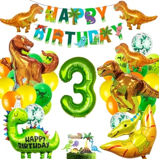 Dino Geburtstag Deko Set, 3 Geburtstag Junge,XXL Dinosaurier Folienballon,Jungle Geburtstagsdeko 3 Jahr Junge,Luftballons Grün für Dinosaurier Party Dekoration Dschungel Party Kinder