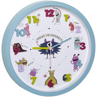 TFA Dostmann LITTLE MONSTERS Kinder-Wanduhr mit Monster-Motiven, leises Uhrwerk, ideal für das Kinderzimmer, Kunststoff, Glas, türkis, (L) 309 x (B) 44 x (H) 309 mm