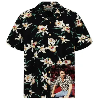 King Kameha Hawaiihemd Tom Selleck Original Hawaii-Hemd Herren Kurzarm Front-Tasche Stylish schwarz L