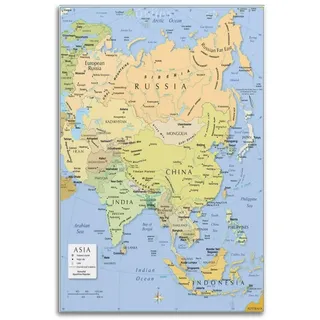 BITTU Weltkarte Poster Asien Politische Karte Dekorative Malerei Leinwand Wand und Kunst Bild Familie Schlafzimmer Dekor 12x18inch (30x45cm)